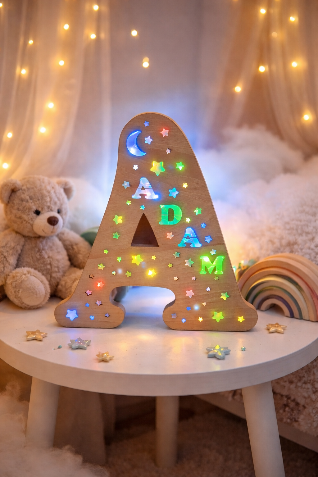Veilleuse Prénom LED en Bois – Lettre Personnalisée Décoration Chambre Enfant