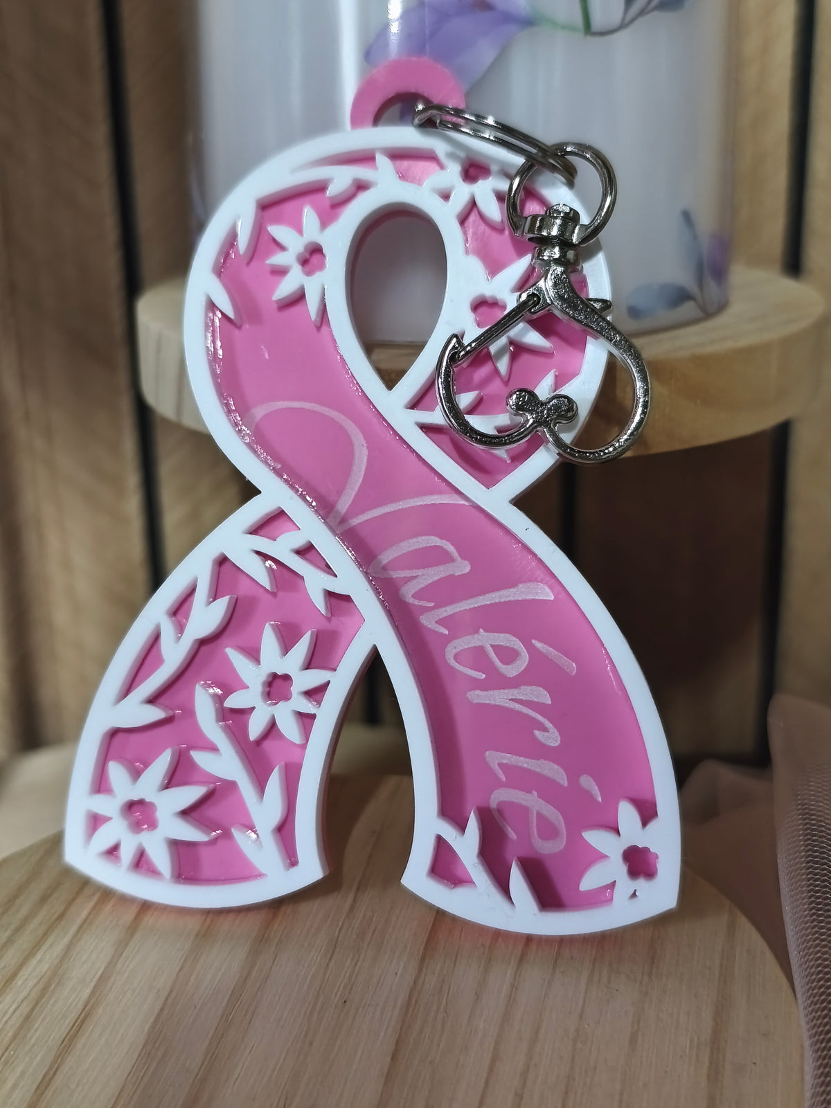 Porte-clés Ruban Rose personnalisé avec prénom - Ruban d'Espoir / Bvcréa