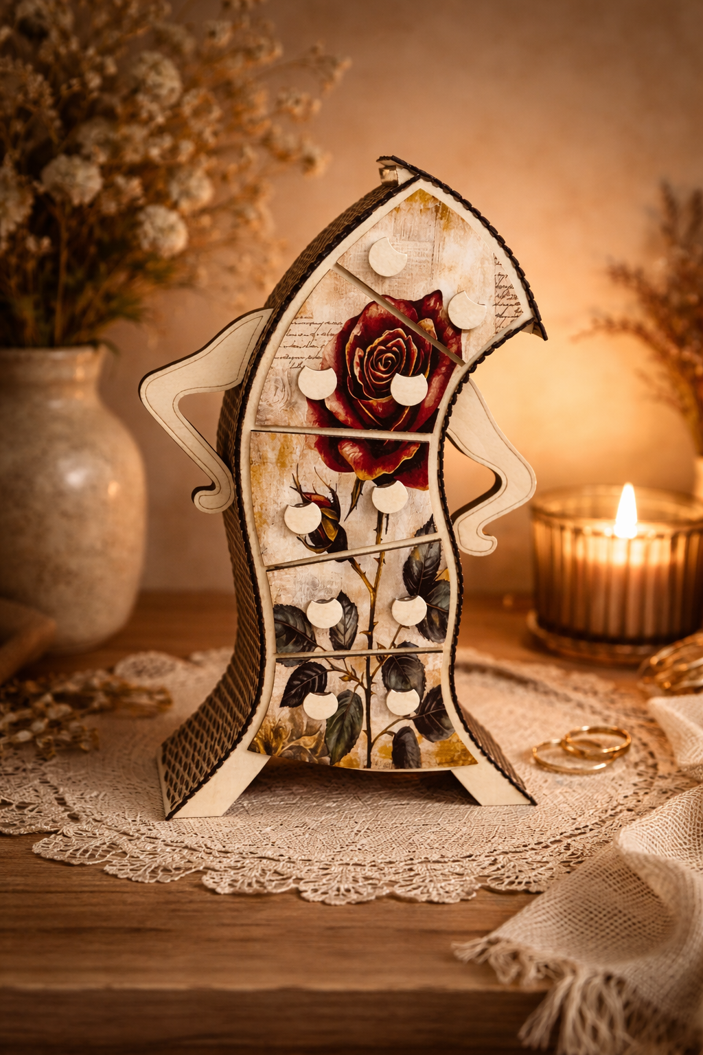 Écrin Rose Éternelle – Boîte à bijoux personnalisée en bois
