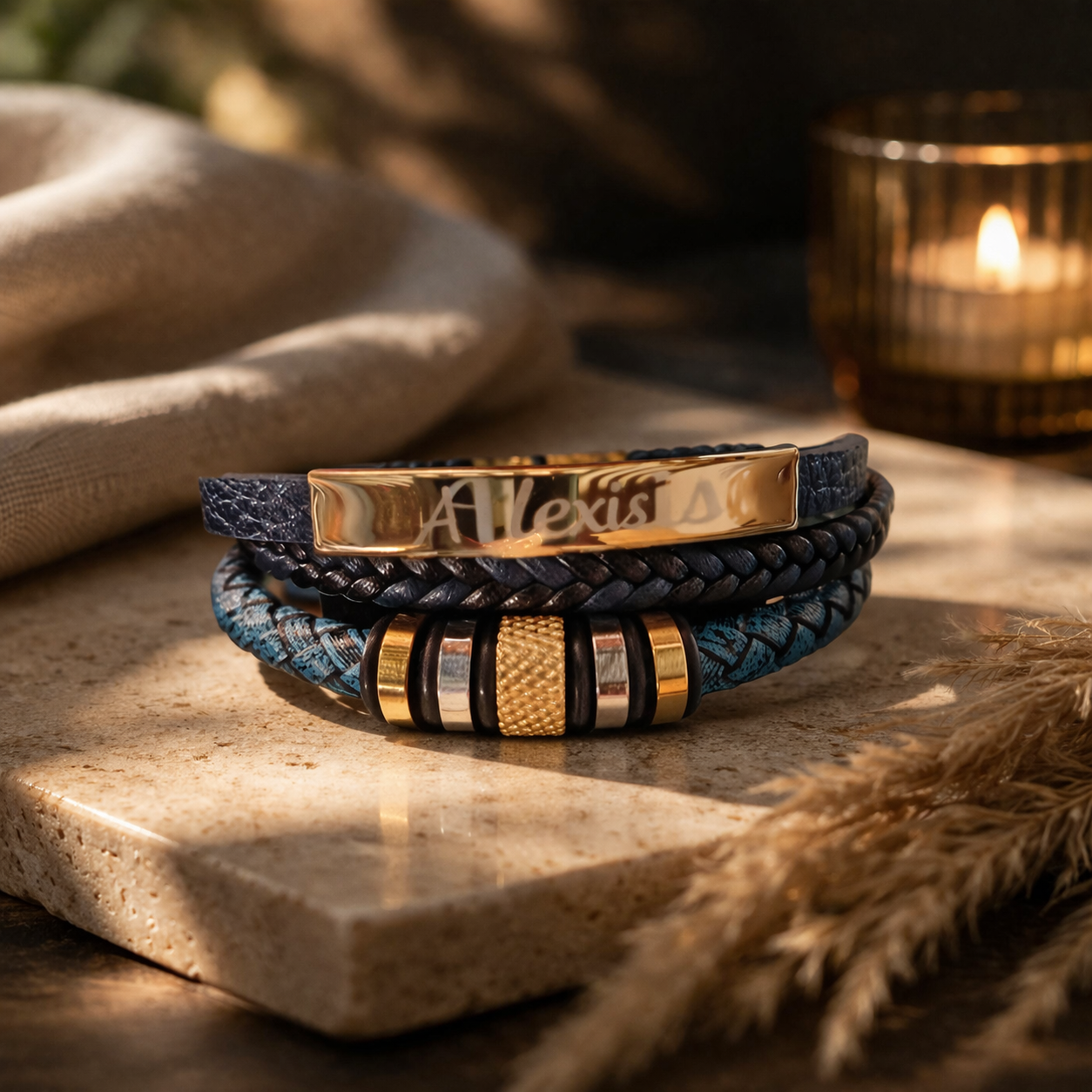 Bracelet Homme Personnalisé en Cuir & Acier – Gravure Prénom