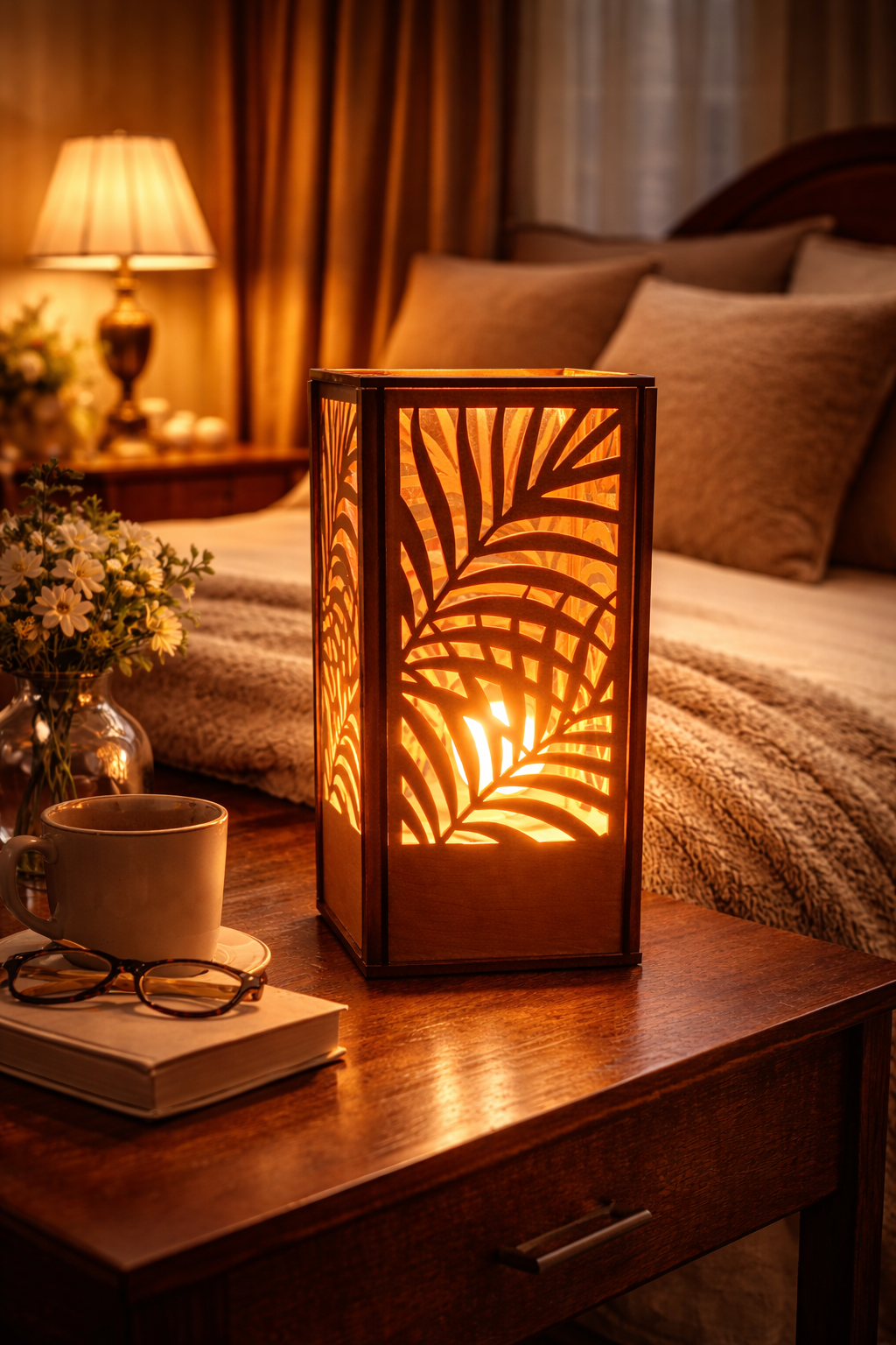 Lampe de chevet bois découpé au laser – lumière personnalisable & ambiance cosy
