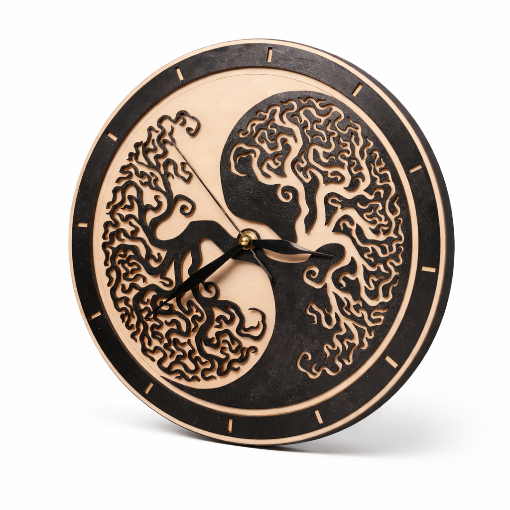 Horloge murale en bois – Arbre de vie Yin Yang (découpe laser)