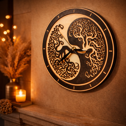 Horloge murale en bois – Arbre de vie Yin Yang (découpe laser)