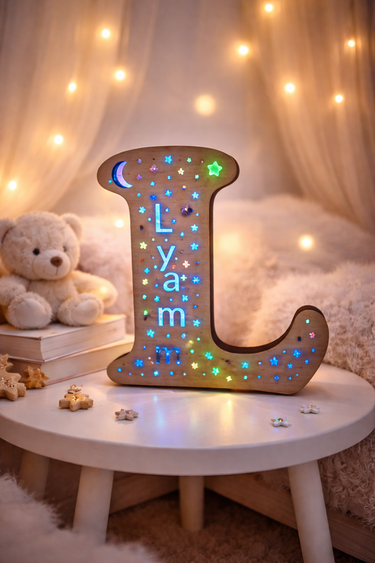 Veilleuse Prénom LED en Bois – Lettre Personnalisée Décoration Chambre Enfant